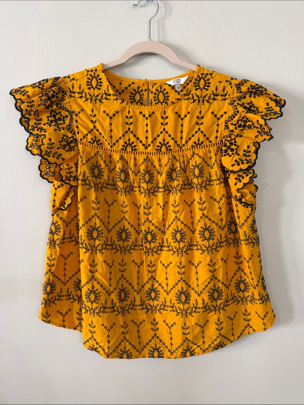 crown & ivy Yellow Embroidered Flutter Sleeve Blouse